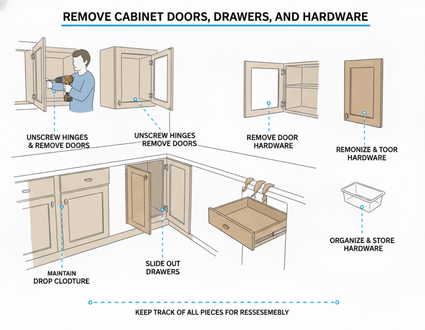 Remove Cabinet Doors, Drawers, and Hardware